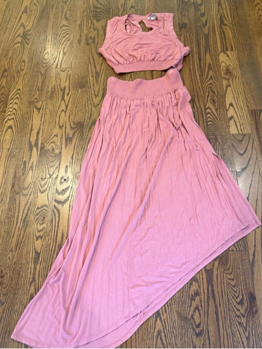 Women's Pink High-Low Maxi Skirt Set with Smocked Waist